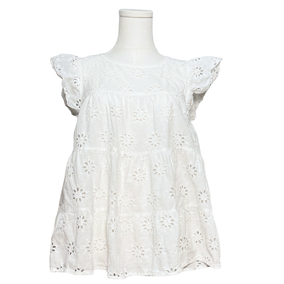 Entro White Cotton Eyelet Lace Short Sleeve Lined Tiered Ruffle Boho Top Small - Picture 1 of 8
